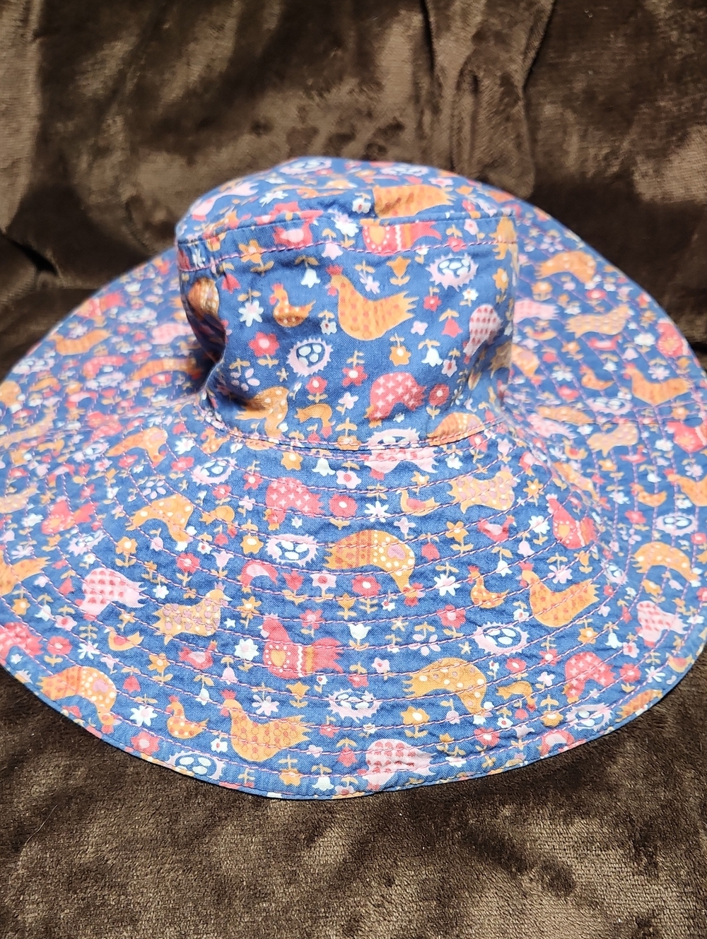 Womens  Sun Hat in Blue with Orange & Pink Chick Pattern, Reversible. Denim